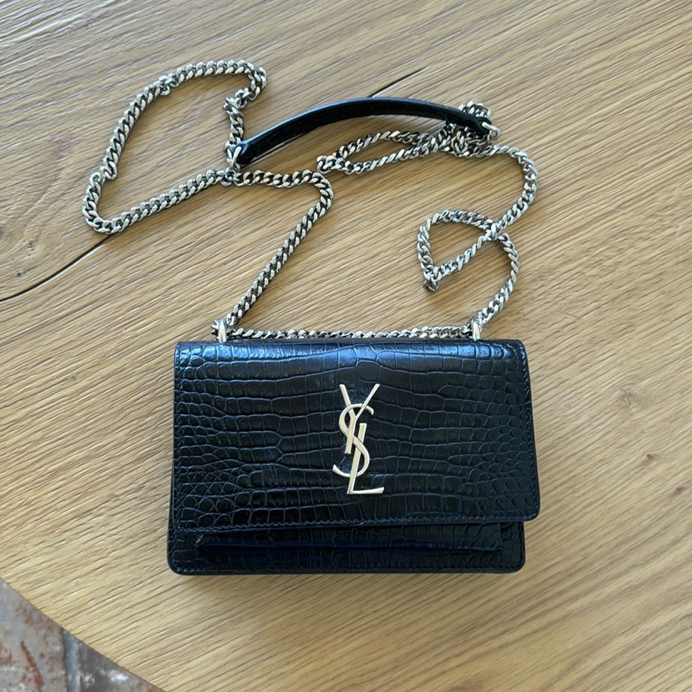 Calfskin Crocodile Embossed Monogram Sunset Chain Wallet Black